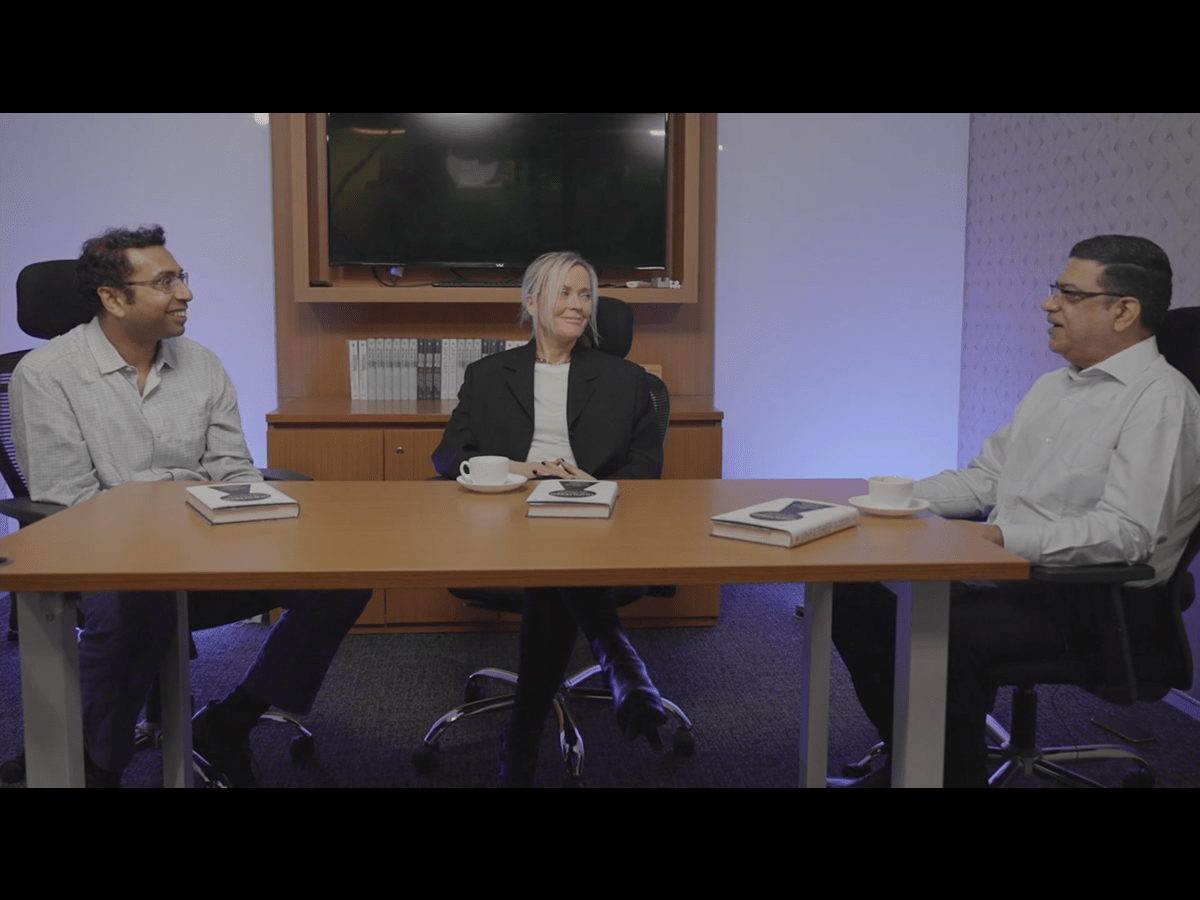 From L- R Saurabh Mukherjea & his coach, Ana Lueneburger, Anupam Gupta discussing on five key questions pertaining to their book 